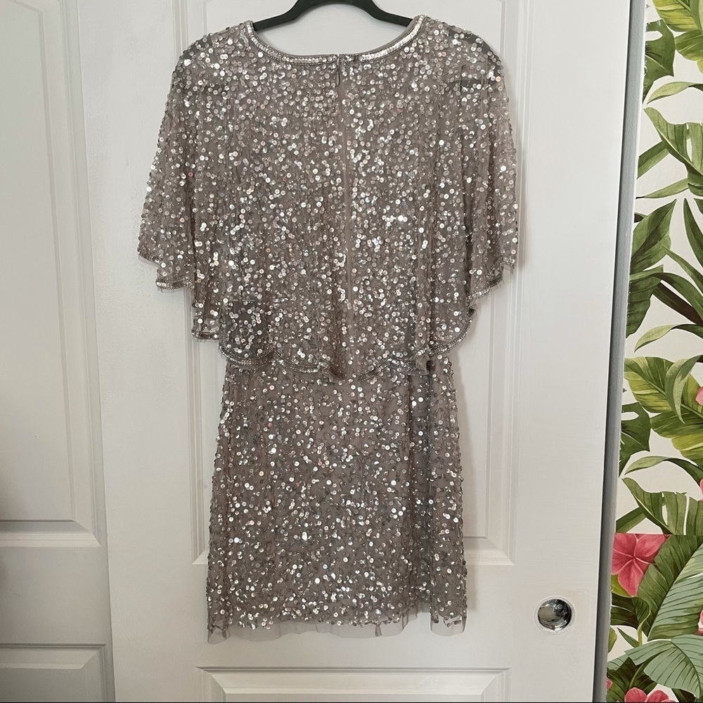 Adrianna Papell Cape Sleeve Sequin Short Dress 0 silver beaded party wedding 0 - Picture 4 of 7